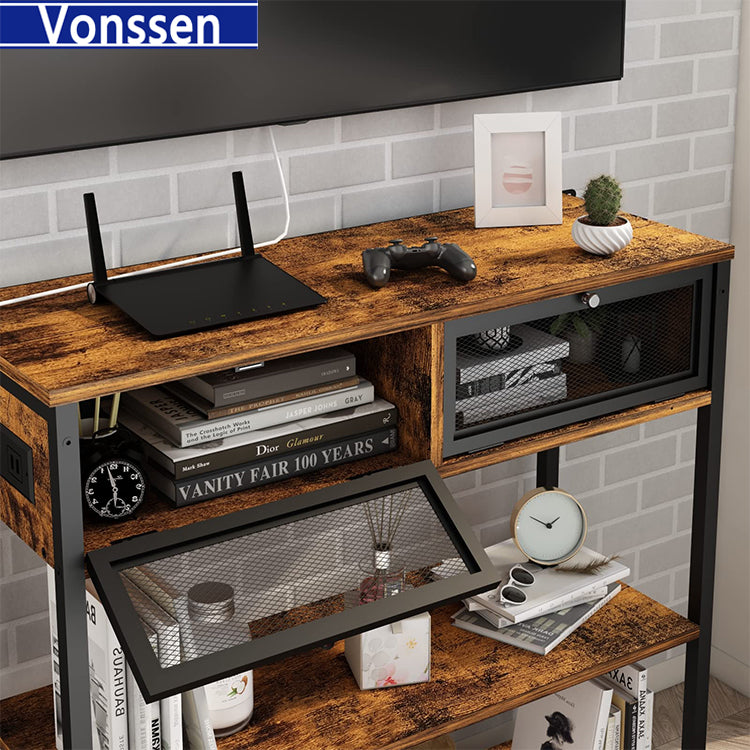 Vonssen Console Table with Charging Station Entryway Table with Doors Sofa Table Narrow Long with 3 Tiers Open Wood Storage Shelves VS1010400123