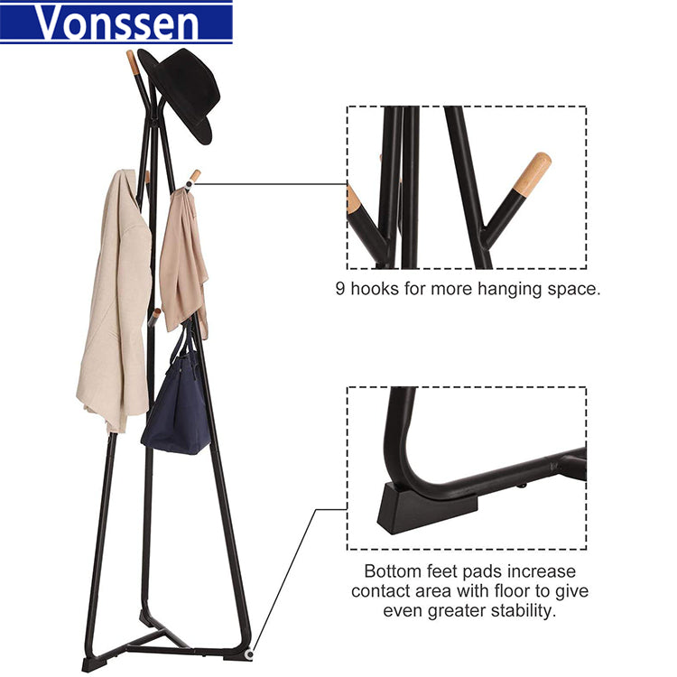 Vonssen Coat Rack Tree Metal Coat Rack with 9 Hooks Entryway Standing Coat Rack Tree Durable Coat Stand Easy Assembly for Home Office for Clothes Hat Bag VS1060400014