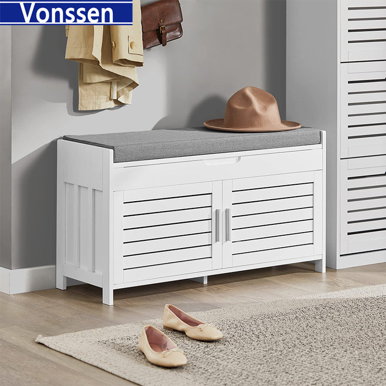 Vonssen White Storage Bench with 2 Drawers Removable Seat Cushion Shoe Cabinet Shoe Bench SI-20166