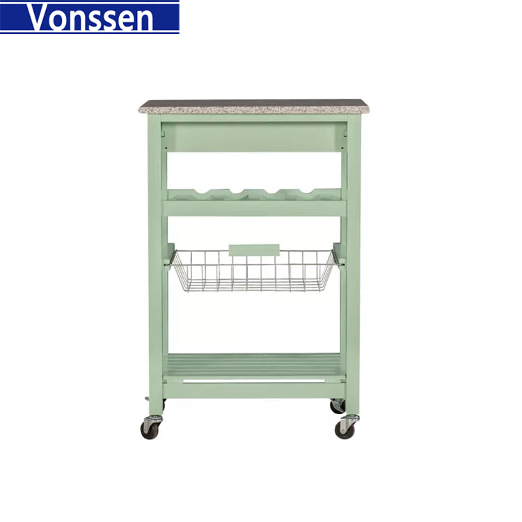 Vonssen Furniture Granite Top Pine Wood Rolling Kitchen Island Microwave Cart on Wheels with Storage in Green SI-80142