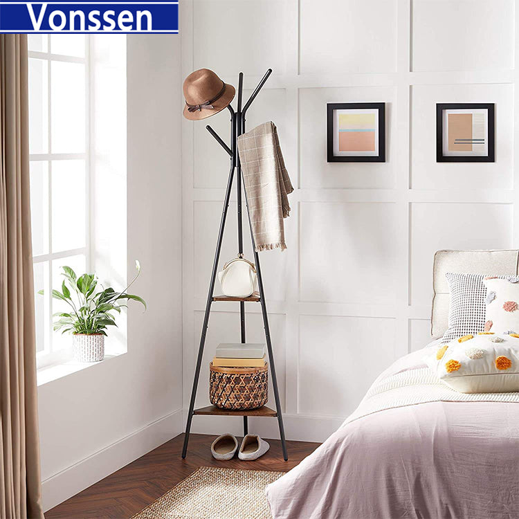 Vonssen Coat Rack Freestanding Coat Hanger Stand Hall Tree with 2 Shelves for Clothes Hat Bag Industrial Style Greige and Black VS1060400008 --