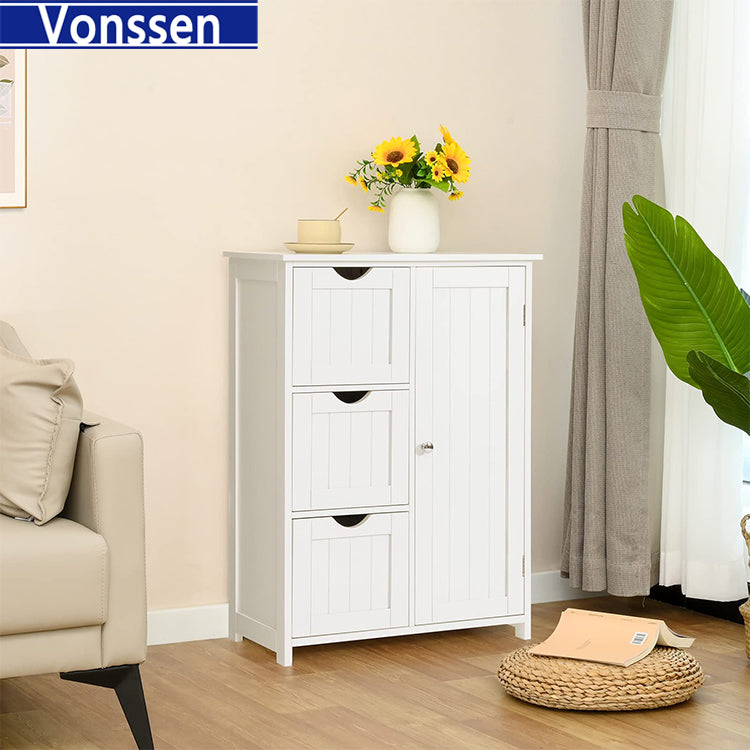 Vonssen Bathroom Floor Cabinet Wooden Storage Cabinet with 1 Door & 3 Drawer Free Standing Entryway Cupboard Spacesaver Cabinet VS1011100110 --