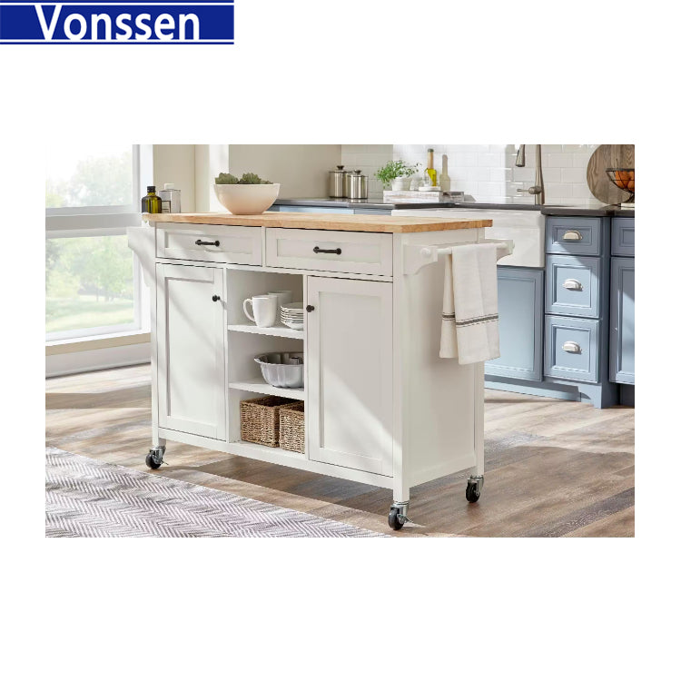 Vonssen White Rolling Kitchen Cart with Butcher Block Top and Double-Drawer Storage SI-20261