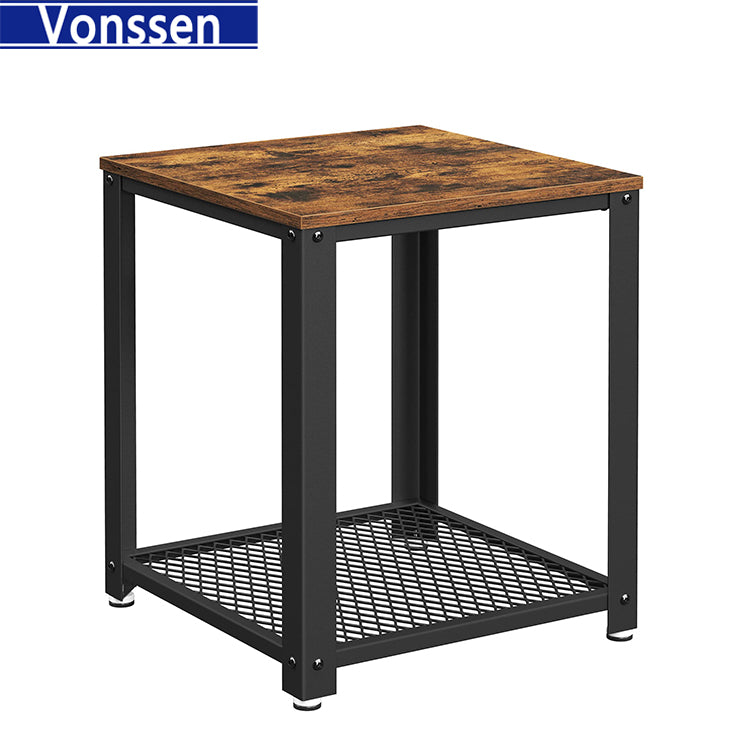 Vonssen End Table 2-Tier Nightstands Side Table Night Stand Bedside Desk for Small Space in Living Room Bedroom Steel Frame Chestnut Brown and Black SI-30172