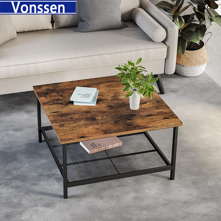 Vonssen Coffee Table Square Cocktail Table with Spacious Table Top Robust Steel Frame and Mesh Storage Shelf Industrial Style for Living Room Rustic Brown and Black SI-30171