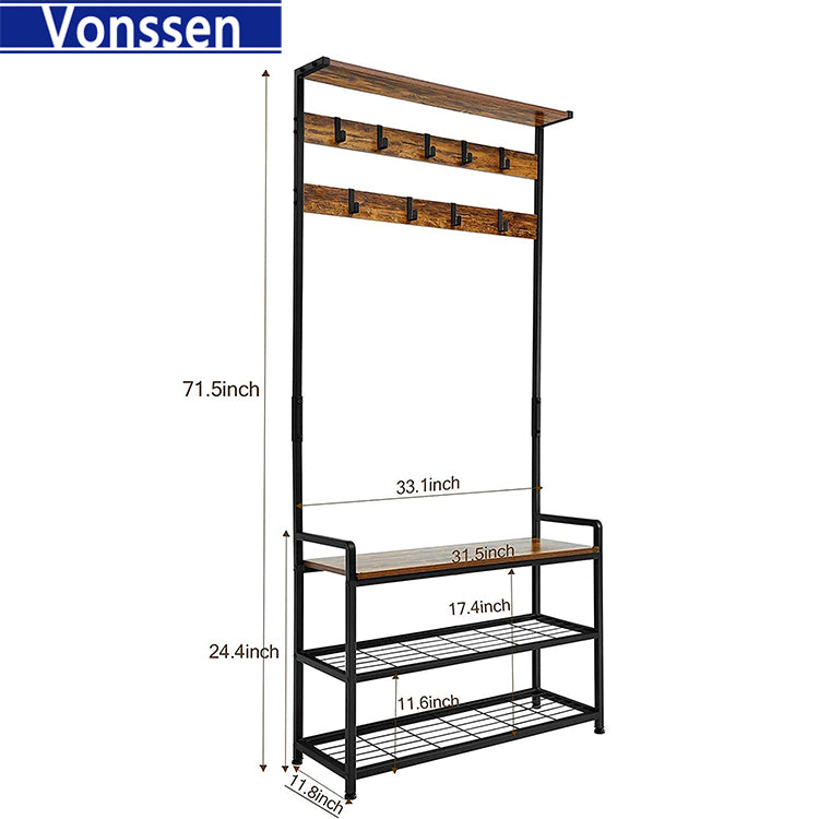 Vonssen 3-in-1 Hall Tree Coat Rack Shoe Bench with 9 Hooks and Storage Shelf Industrial Entryway Storage Shelf Bench Easy Assembly Rustic Brown VS1060400016