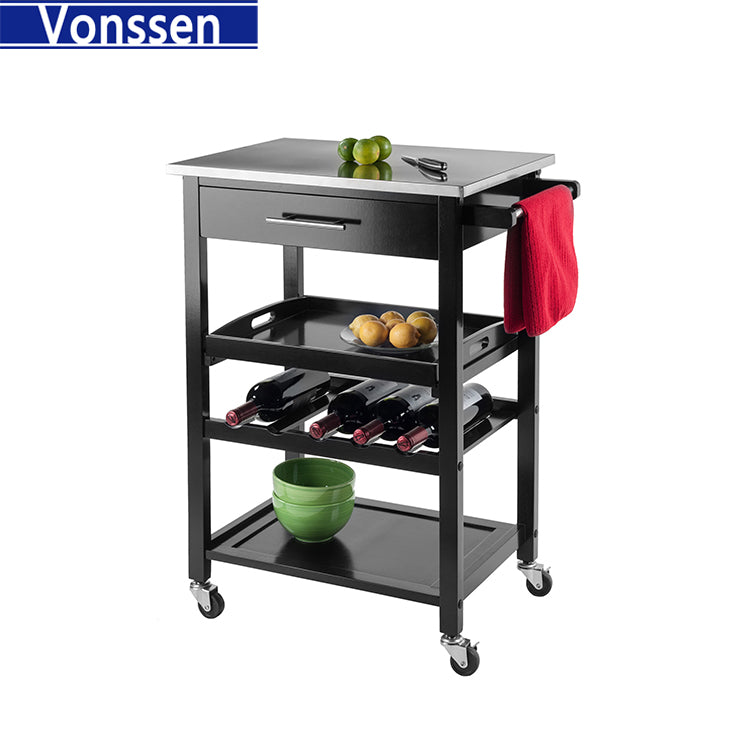 Vonssen Black Microwave Cart Small Kitchen Island on Wheels with Wood Top and Drawer Multipurpose Utility Cart with Open Storage Shelf for Small Places SI-30036