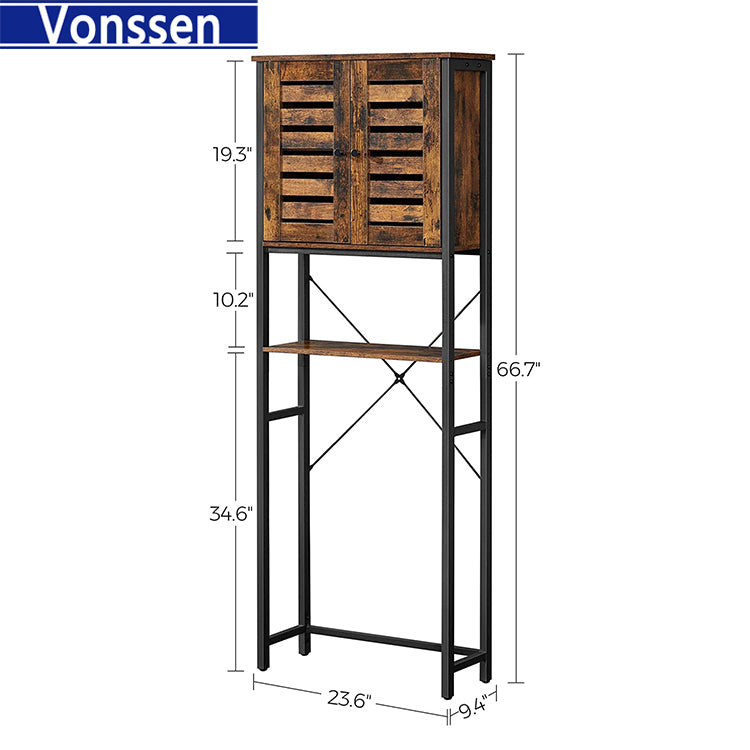 Vonssen Over-The-Toilet Storage Bathroom Organizer Cabinet with Cupboard and Shelf Steel Frame Easy Assembly Industrial Rustic Brown and Black VS1040700001