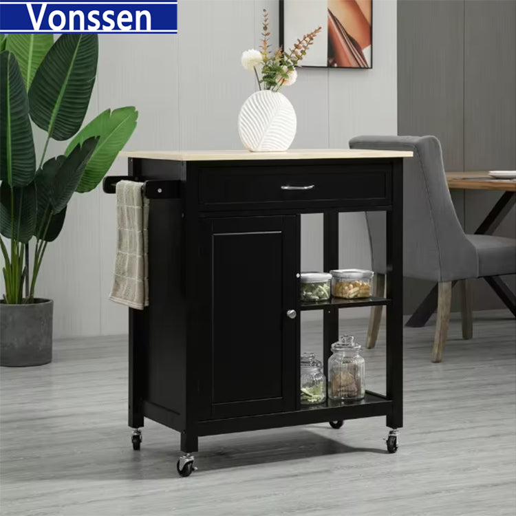 Vonssen Small Kitchen Island Cart with Storage Drawers and Shelves Kitchen Cart on Wheels Accent Cabine with Wood Countertop and Spice Rack for Kitchen Room SI-50058