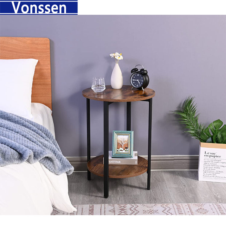 Vonssen Round Sofa Side End Tables 2-Tier Industrial Bedside Nightsand Tables Steel Frame MDF for Small Spaces Living Room Bedroom VS1010500023--