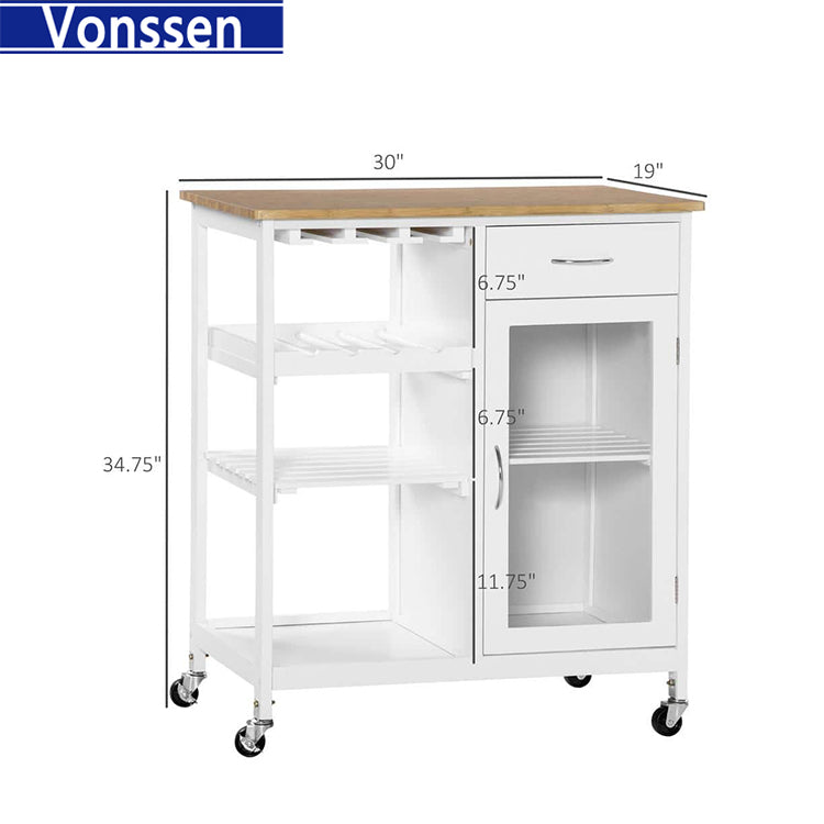 Vonssen Kitchen Island with Single Door Cabinet and Shelf Movable Multipurpose Kitchen Island Trolley Locking Casters Small Coffee Trolley Microwave Stand SI-20151