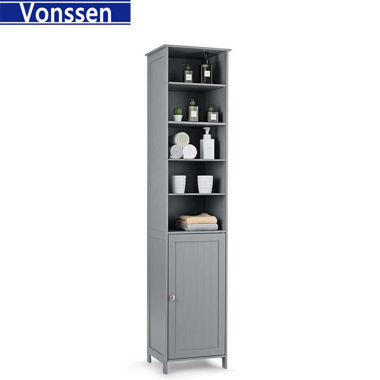 Vonssen Tall Cabinet WATERJOY Standing Tall Storage Cabinet Wooden White Bathroom Cupboard with Door and 5 Adjustable Shelves Elegant and Space-Saving SI-80148