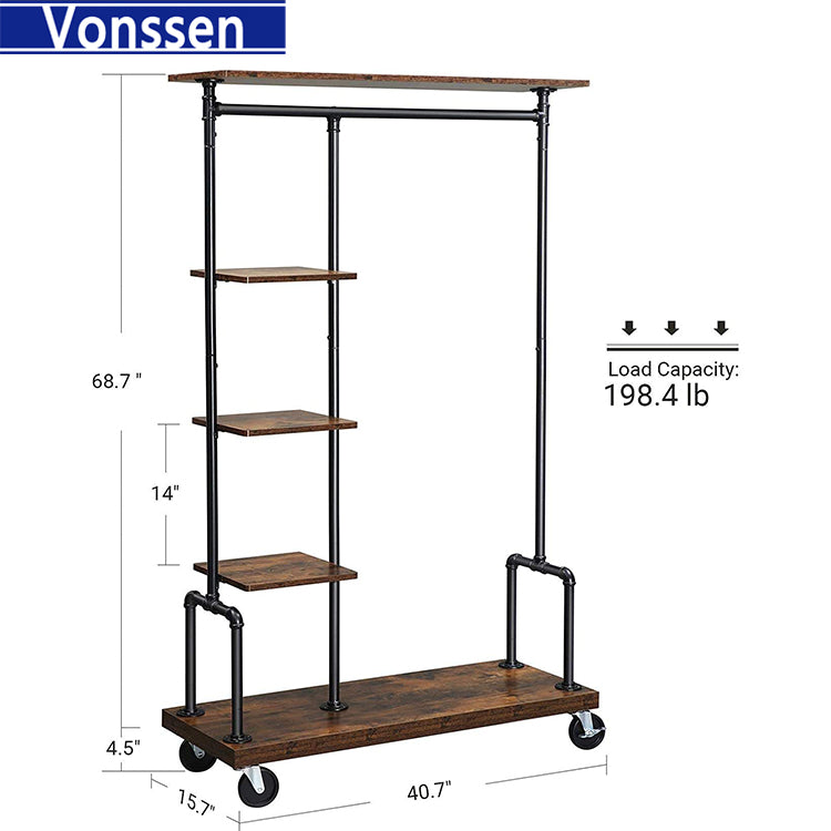 Vonssen  Clothes Rack Clothing Garment Rack on Wheels Rolling Clothes Organizer with 5-Tier Industrial Pipe Style Rustic Brown VS1060400018