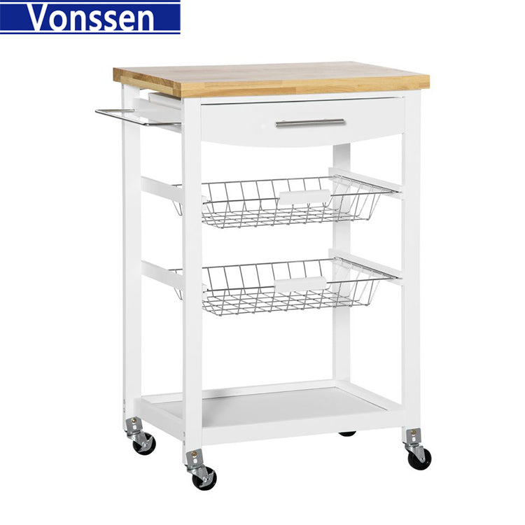 Vonssen Kitchen Trolley with Folding Top Country Style 3 Baskets Knife Block Bottle Rack Butler White MDF SI-20224