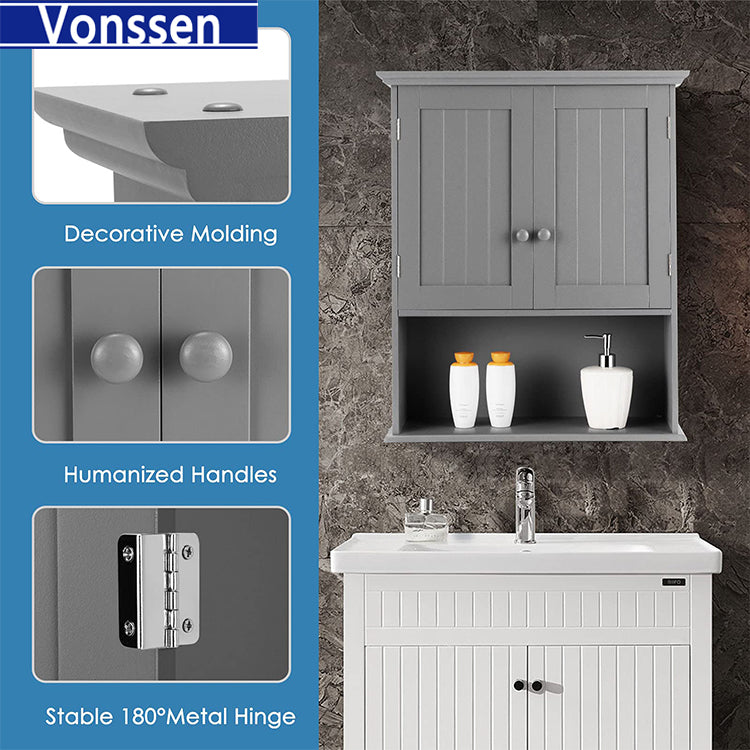 Vonssen Mobili Bathroom Wall Cabinet Mdf White 2 Doors 1 Shelf Hanging Makeup Dispenser SI-80144