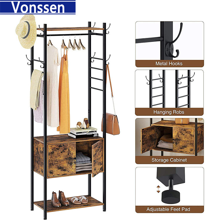 Vonssen Hall Tree with Shelf and Storage Cabinet Entryway Bench with 4 Side Hooks VS1060400007