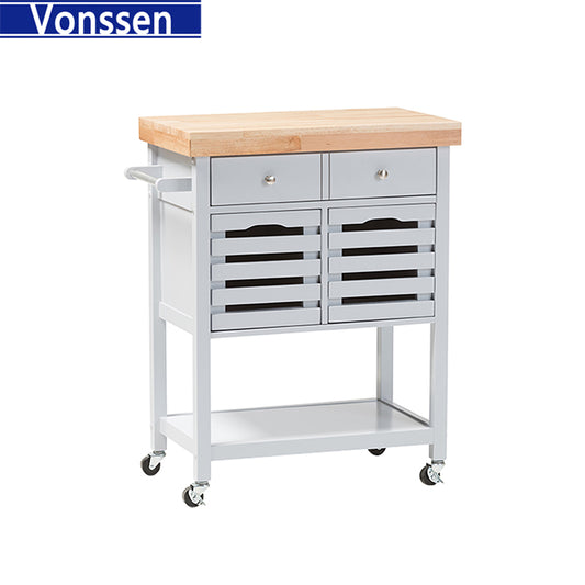 Vonssen Wooden Kitchen Trolley Top Island Dining Cart Worktop Basket Storage SI-20268