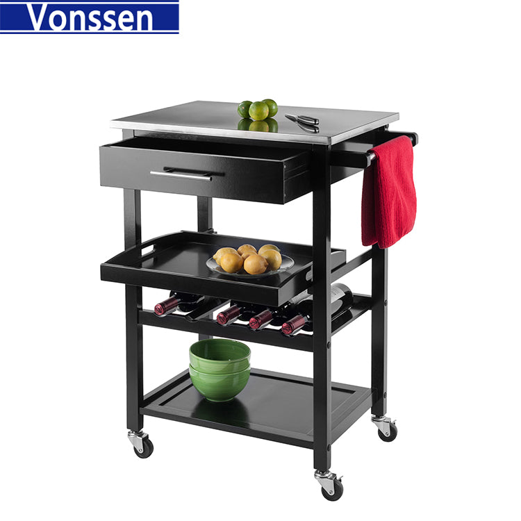 Vonssen Black Microwave Cart Small Kitchen Island on Wheels with Wood Top and Drawer Multipurpose Utility Cart with Open Storage Shelf for Small Places SI-30036