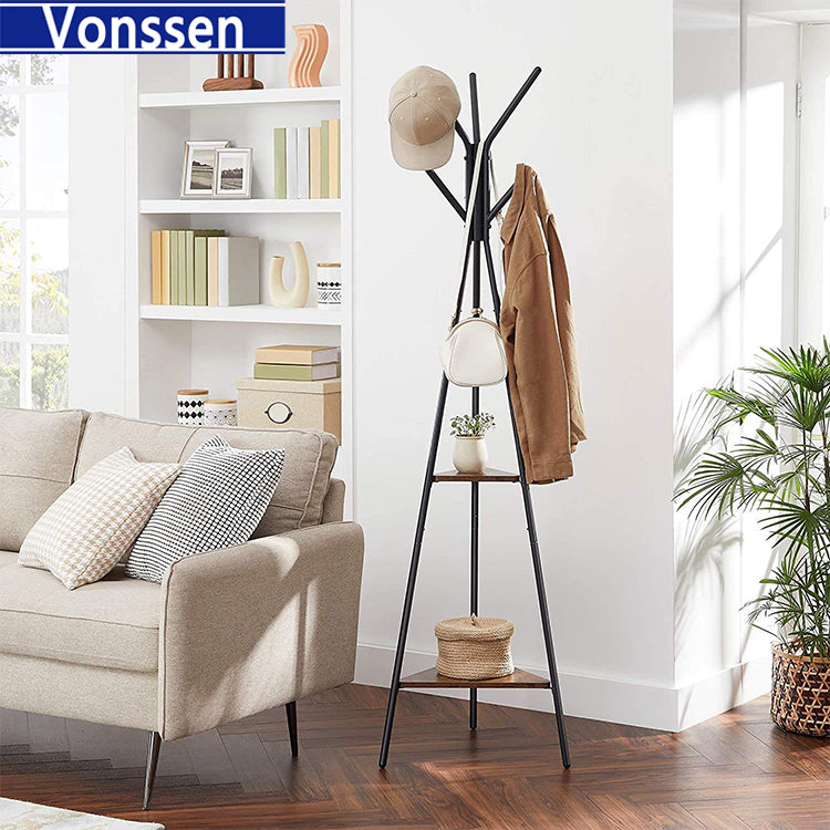 Vonssen Coat Rack Freestanding Coat Hanger Stand Hall Tree with 2 Shelves for Clothes Hat Bag Industrial Style Greige and Black VS1060400008 --