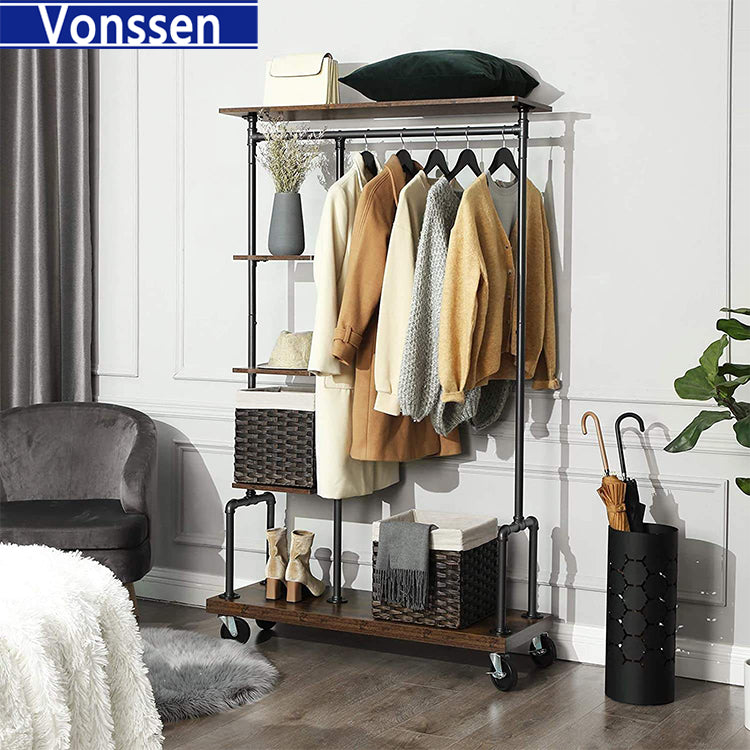 Vonssen  Clothes Rack Clothing Garment Rack on Wheels Rolling Clothes Organizer with 5-Tier Industrial Pipe Style Rustic Brown VS1060400018