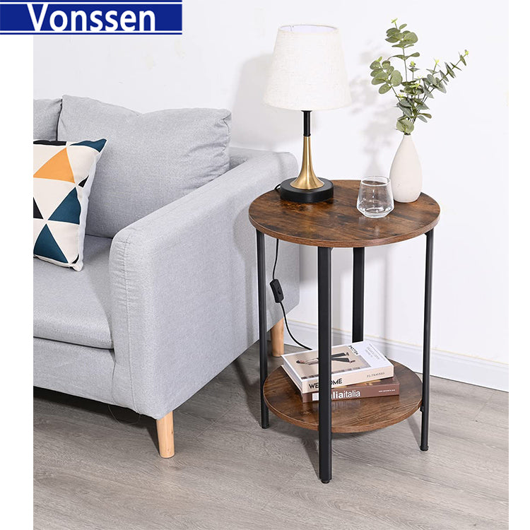 Vonssen Round Sofa Side End Tables 2-Tier Industrial Bedside Nightsand Tables Steel Frame MDF for Small Spaces Living Room Bedroom VS1010500023--