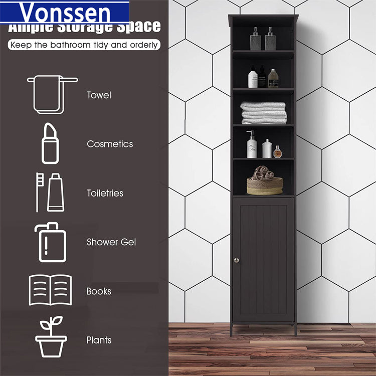 Vonssen Tall Cabinet WATERJOY Standing Tall Storage Cabinet Wooden White Bathroom Cupboard with Door and 5 Adjustable Shelves Elegant and Space-Saving SI-80148