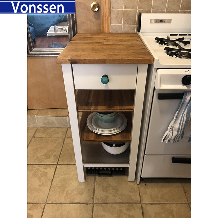 Vonssen Rolling Kitchen Cart Portable Kitchen Island Wood Top Kitchen Trolley with Drawers and Two-Tier Open Shelf Towel Rack SI-20119