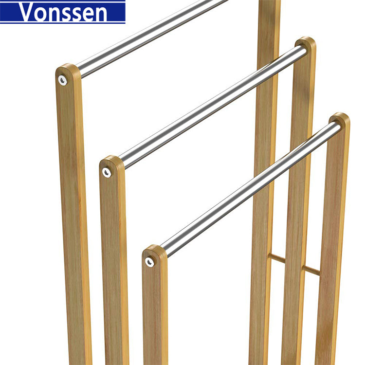 Vonssen Towel Holder Freestanding with 3 Towel Rail Towel Stand for Bathroom Wood Stainless Steel VS10412000803