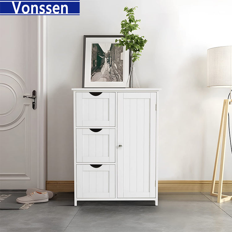 Vonssen Bathroom Floor Cabinet Wooden Storage Cabinet with 1 Door & 3 Drawer Free Standing Entryway Cupboard Spacesaver Cabinet VS1011100110 --