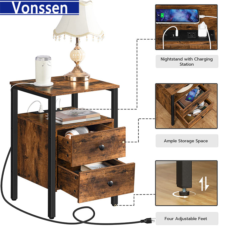 Vonssen End Table with Charging Station Bedside Table with 2 Drawer USB Ports Power Outlets Nightstand for Small Spaces Stable and Sturdy VS1010400218 --