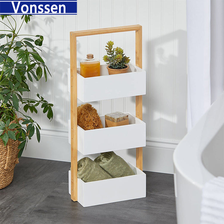 Vonssen Free-Standing 4-Tiered Shelf for Bathroom Wood Bamboo Storage Rack Room Decor Shelves Decorative Organizer Bins for Bath Towels Hand Soap and Toiletries VS1041200077