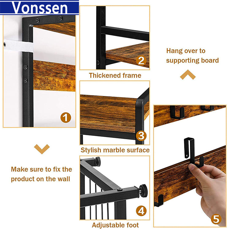 Vonssen 3-in-1 Hall Tree Coat Rack Shoe Bench with 9 Hooks and Storage Shelf Industrial Entryway Storage Shelf Bench Easy Assembly Rustic Brown VS1060400016