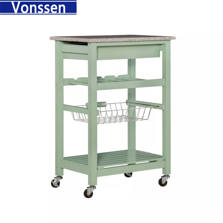 Vonssen Furniture Granite Top Pine Wood Rolling Kitchen Island Microwave Cart on Wheels with Storage in Green SI-80142