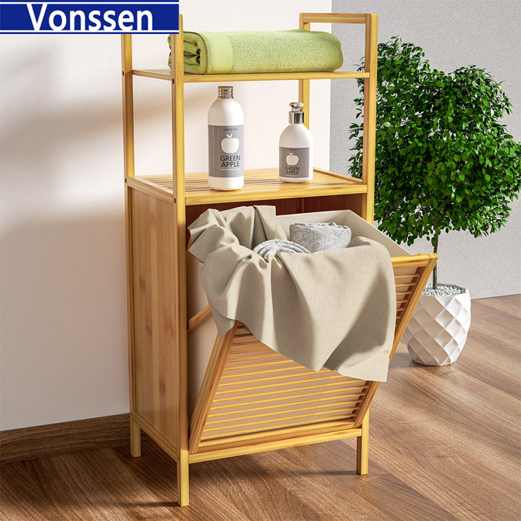 Vonssen Natural Tilt-Out Bamboo Laundry Hamper with 2-tier Shelf VS1040300005