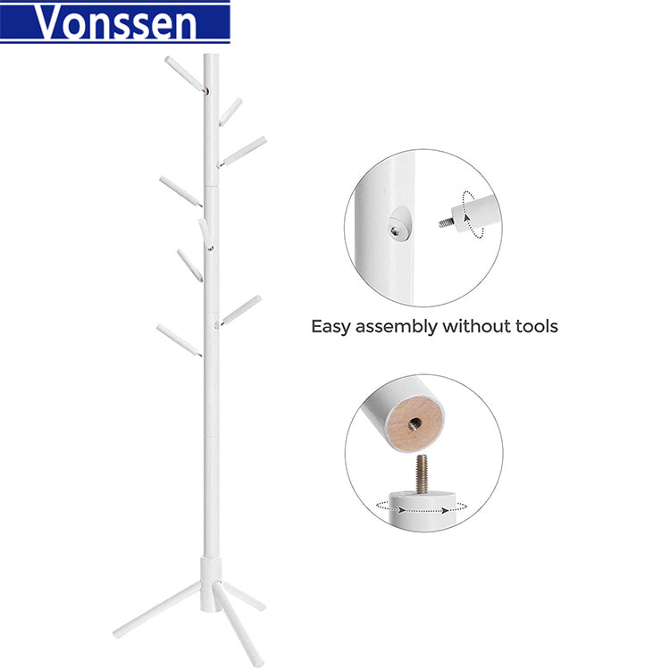 Vonssen Wooden Tree Coat Rack Stand with 8 Hooks Sturdy Freestanding Coat Rack Triangular Base Easy Assembly Free Standing Coat Hanger for Clothes Suits Hats VS1060400012