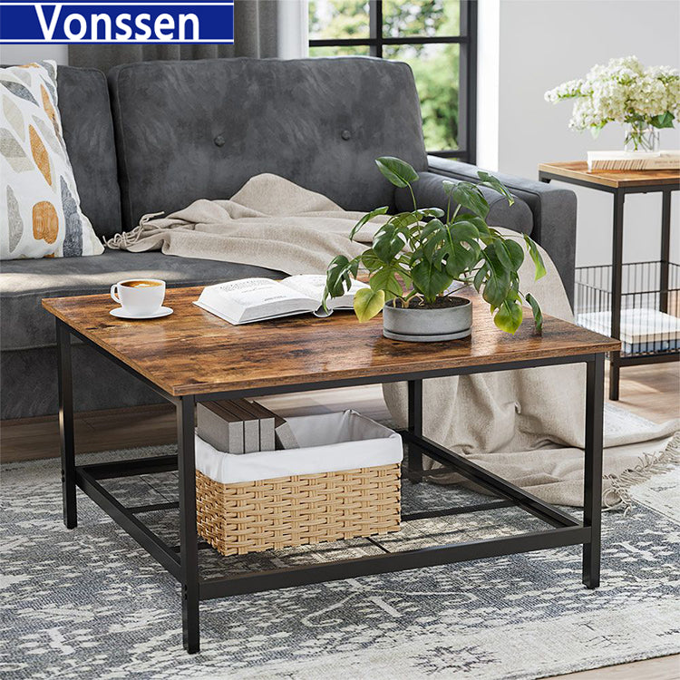 Vonssen Coffee Table Square Cocktail Table with Spacious Table Top Robust Steel Frame and Mesh Storage Shelf Industrial Style for Living Room Rustic Brown and Black SI-30171