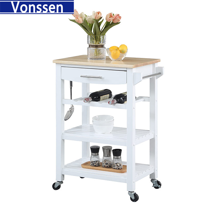 Vonssen White Multipurpose Utility Cart,Butcher Block Kitchen Island on Wheels with Drawer, Farmhouse Islands with Storage Shelf for Small Places SI-20262