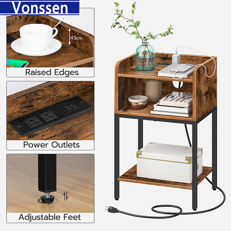 Vonssen Nightstand with Charging Station End Table with Open Drawer Side Table with USB Ports and Outlets VS1010400219 --