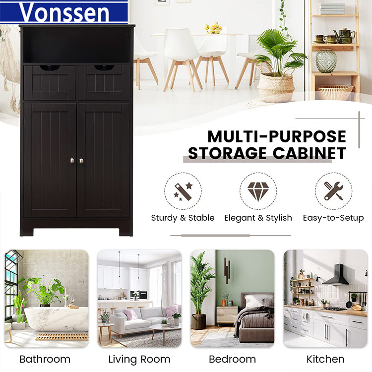 Vonssen Bathroom Cabinet Storage Cabinet with 2 Glass Doors 2 Shutter Doors Free Standing Floor Cabinet with 4 Shelves  SI-80143