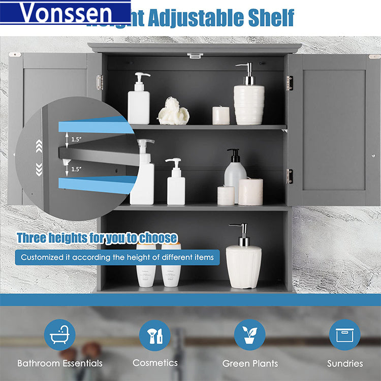 Vonssen Mobili Bathroom Wall Cabinet Mdf White 2 Doors 1 Shelf Hanging Makeup Dispenser SI-80144