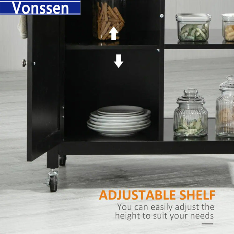 Vonssen Small Kitchen Island Cart with Storage Drawers and Shelves Kitchen Cart on Wheels Accent Cabine with Wood Countertop and Spice Rack for Kitchen Room SI-50058