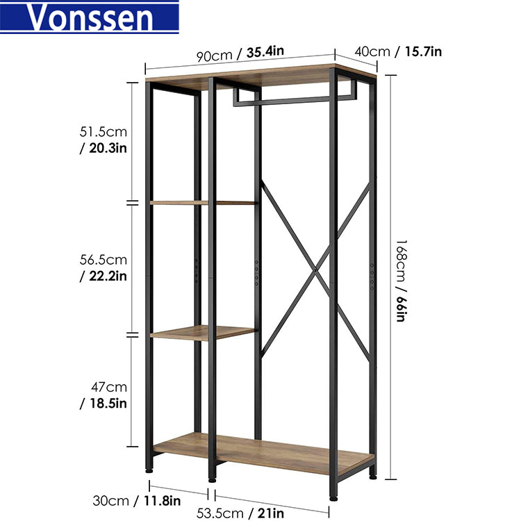 Vonssen Free-standing Closet Organzier Wood and Metal Garment Rack with Shelves and Hanging Rod Heavy Duty Clothing Rack for Bedroom Living Room Rustic Brown VS1060400020