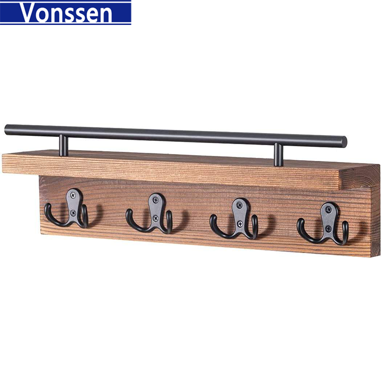 Vonssen Entryway Floating Shelf Wall Mounted Wood Key Holder Decorative Rustic Mail and Wallet Organizer with Vintage Hooks Small Wooden Hanger for Hanging Coat and Leash VS1011400069