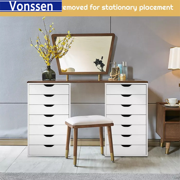 Vonssen Dressers Storage Cabinets Wooden Dresser White Mobile Cabinet with Wheels Room Organizer Rolling Small Drawers Wood Organization Furniture for Office SI-20051