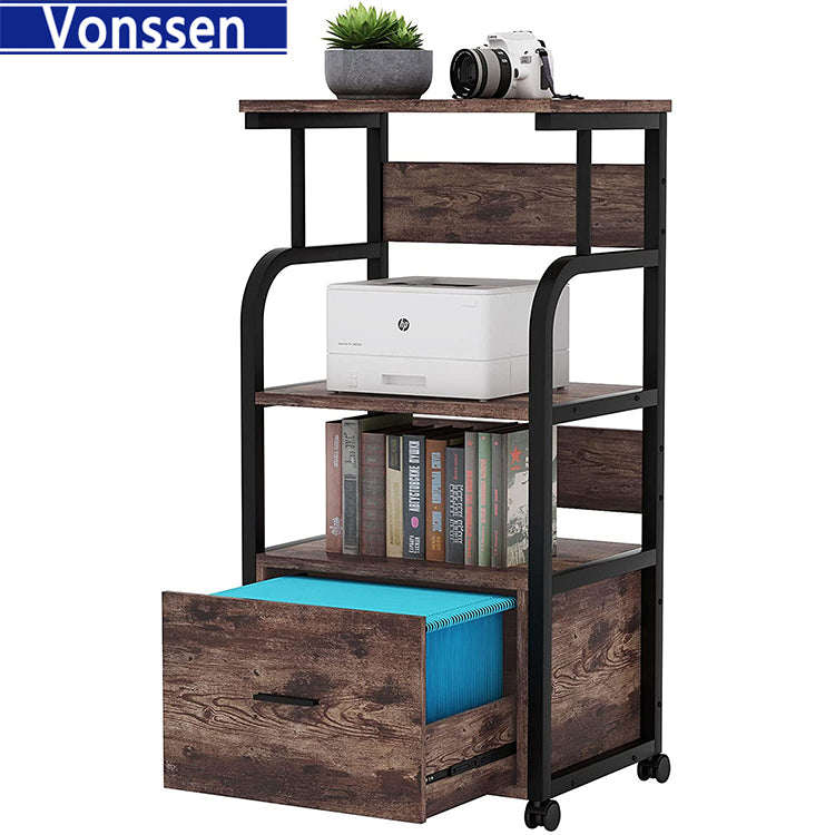 Vonssen Rolling Wheels File Cabinet with Storage Shelves and Drawer Spice Rack Organizer Rustic Brown VS1011600019