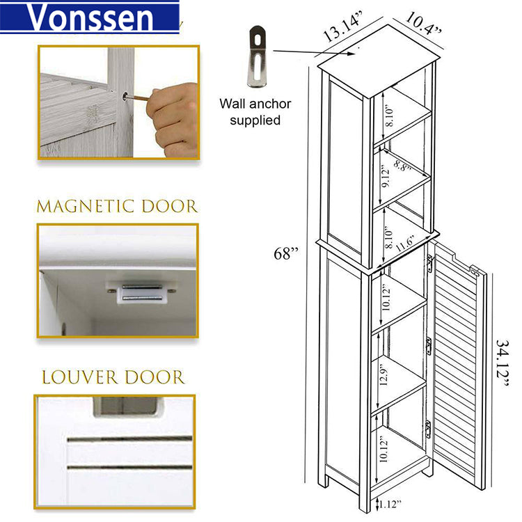 Vonssen Bathroom Linen Storage Tower Cabinet Miami White Wood SI-20084