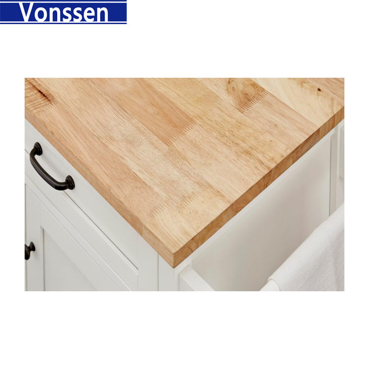 Vonssen White Rolling Kitchen Cart with Butcher Block Top and Double-Drawer Storage SI-20261