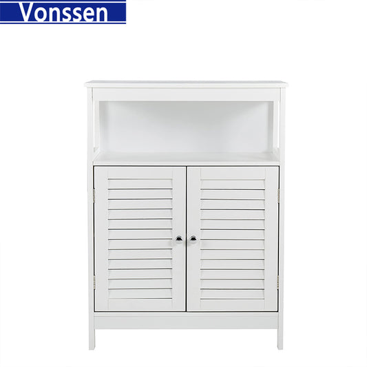 Vonssen Bathroom Floor Cabinets Freestanding Storage Cabinet with Shelves and Shutter Doors Small Wooden Cupboard White Side Cabinet  SI-80145