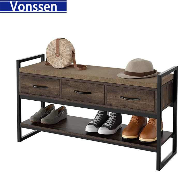 Vonssen  Shoe Bench Rack with Removable Cushion 2 Tier Shoe Bench with 3 Fabric Drawer for Entryway Bedroom Living Room Hallway Cherry VS1060200029