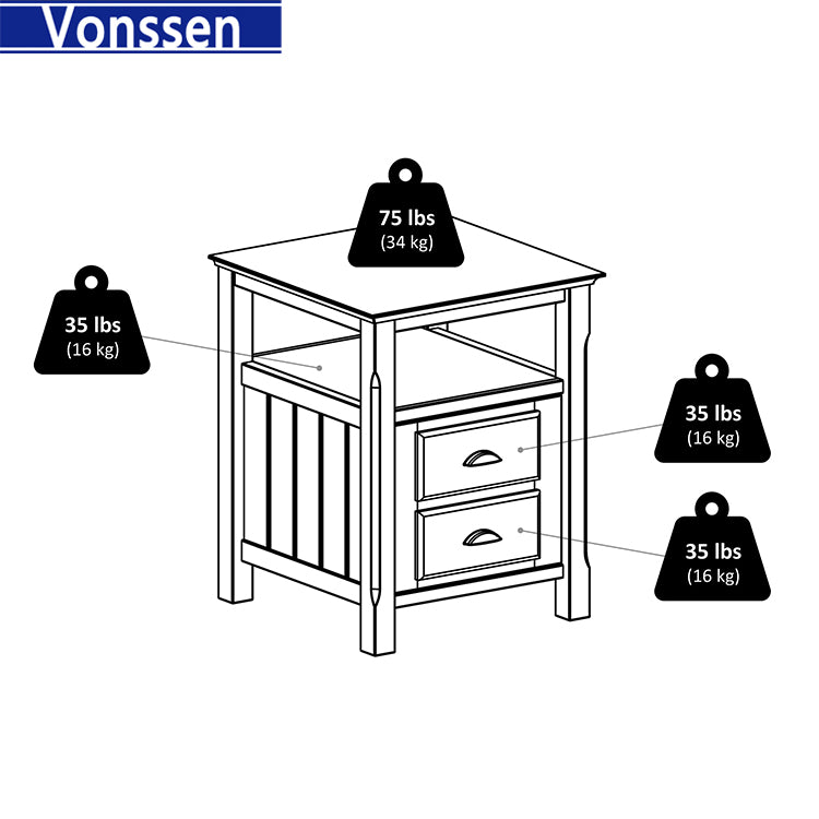 Vonssen Solid Wood 2 Drawer Timber Night Stand Black Finish SI-30024